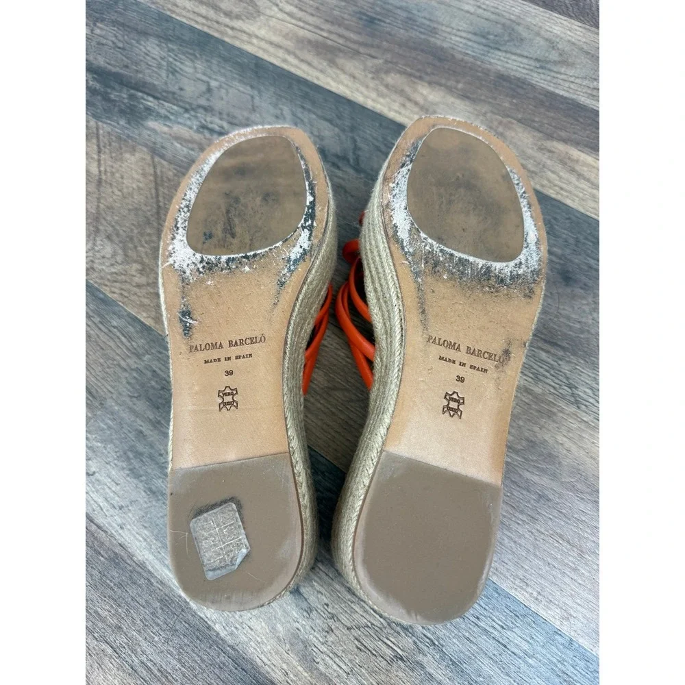 Paloma Barcelo Belinda Wedge Espadrille Platform Sandals Orange Napa Leather 39